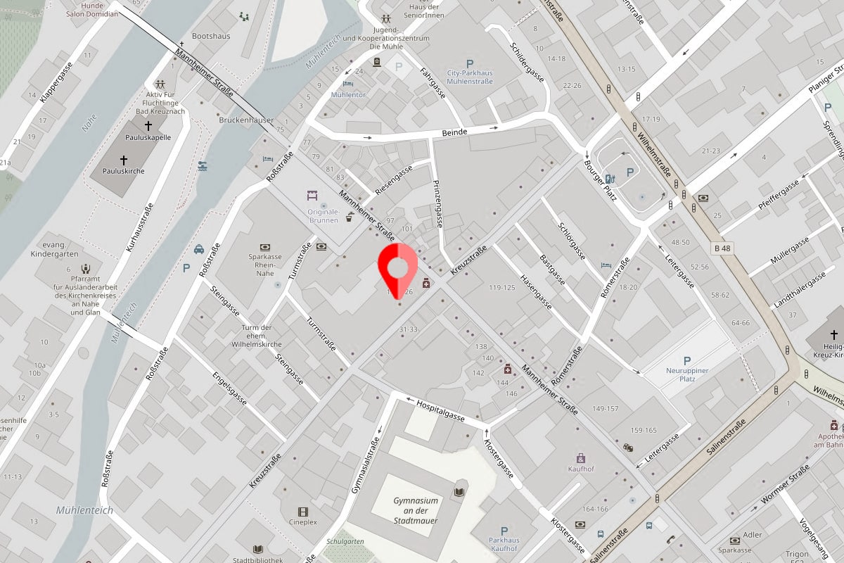 Karte mit Marker auf der Adresse Kreuzstraße 36 in 55543 Bad Kreuznach